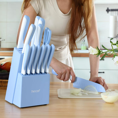15 Pieces Kitchen Knife Set with Built-in Sharpening Wooden Block, Dishwasher Safe, High Carbon Stainless Steel Knife Block Set with Steak Knives, Kitchen Scissors, Hot Pink