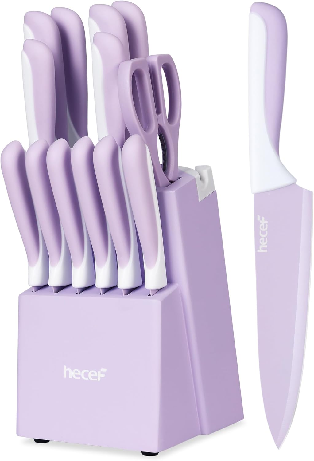 15 Pieces Kitchen Knife Set with Built-in Sharpening Wooden Block, Dishwasher Safe, High Carbon Stainless Steel Knife Block Set with Steak Knives, Kitchen Scissors, Hot Pink