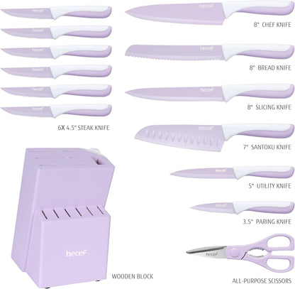 15 Pieces Kitchen Knife Set with Built-in Sharpening Wooden Block, Dishwasher Safe, High Carbon Stainless Steel Knife Block Set with Steak Knives, Kitchen Scissors, Hot Pink