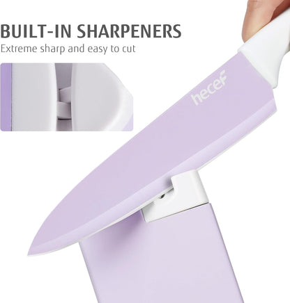 15 Pieces Kitchen Knife Set with Built-in Sharpening Wooden Block, Dishwasher Safe, High Carbon Stainless Steel Knife Block Set with Steak Knives, Kitchen Scissors, Hot Pink