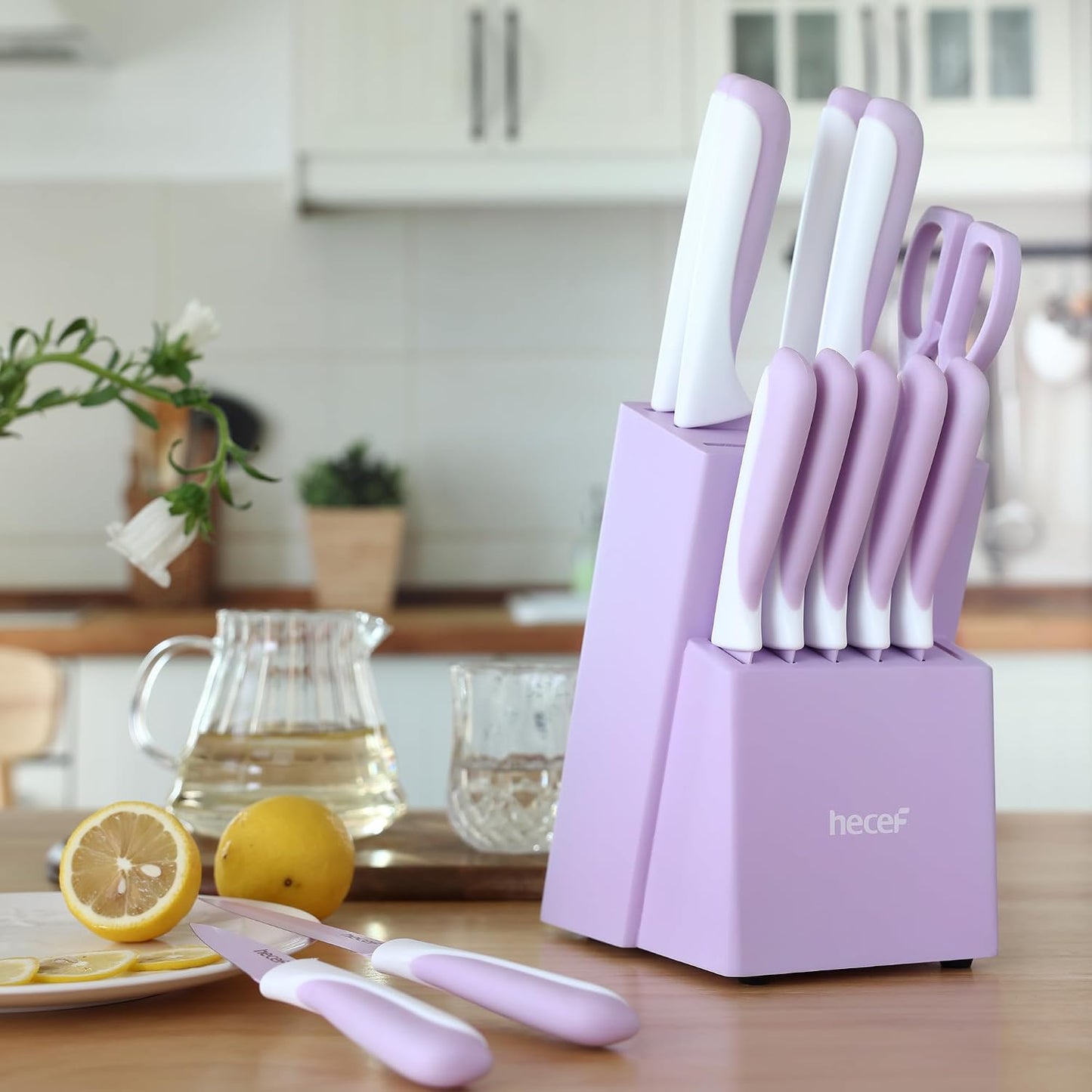 15 Pieces Kitchen Knife Set with Built-in Sharpening Wooden Block, Dishwasher Safe, High Carbon Stainless Steel Knife Block Set with Steak Knives, Kitchen Scissors, Hot Pink