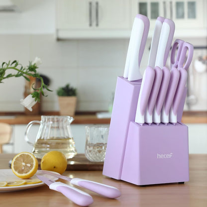 15 Pieces Kitchen Knife Set with Built-in Sharpening Wooden Block, Dishwasher Safe, High Carbon Stainless Steel Knife Block Set with Steak Knives, Kitchen Scissors, Hot Pink