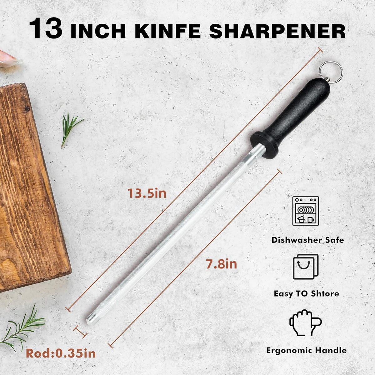Knife Sharpener Rod, Kitchen Knives Sharpener Carbon Steel Professional Knife Sharpening Steel, Honing Rod with Hanging Holes (13 inches), N