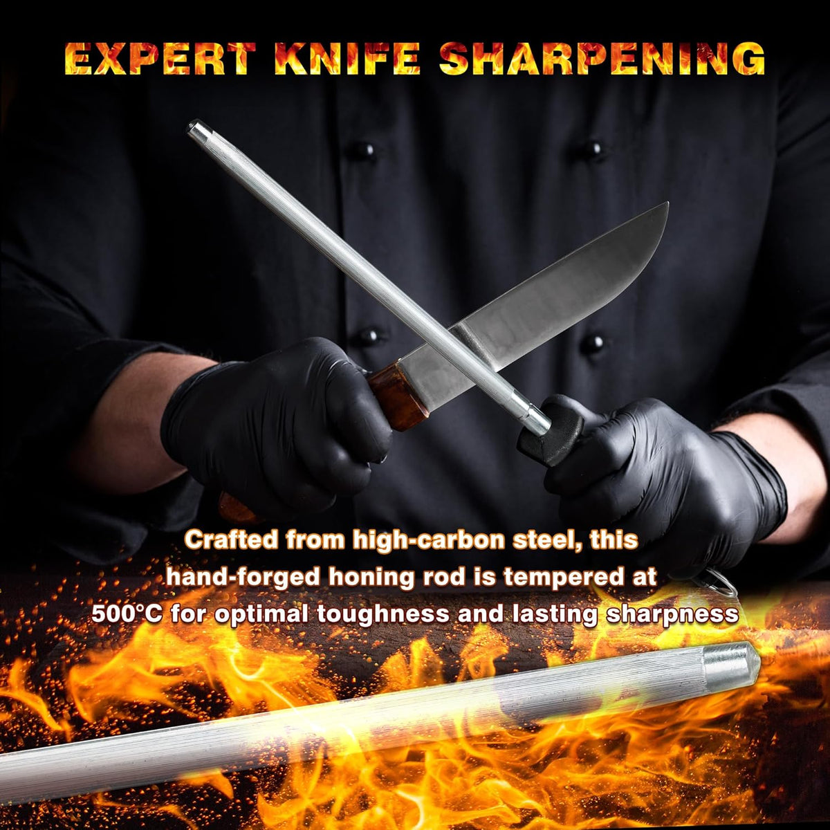 Knife Sharpener Rod, Kitchen Knives Sharpener Carbon Steel Professional Knife Sharpening Steel, Honing Rod with Hanging Holes (13 inches), N