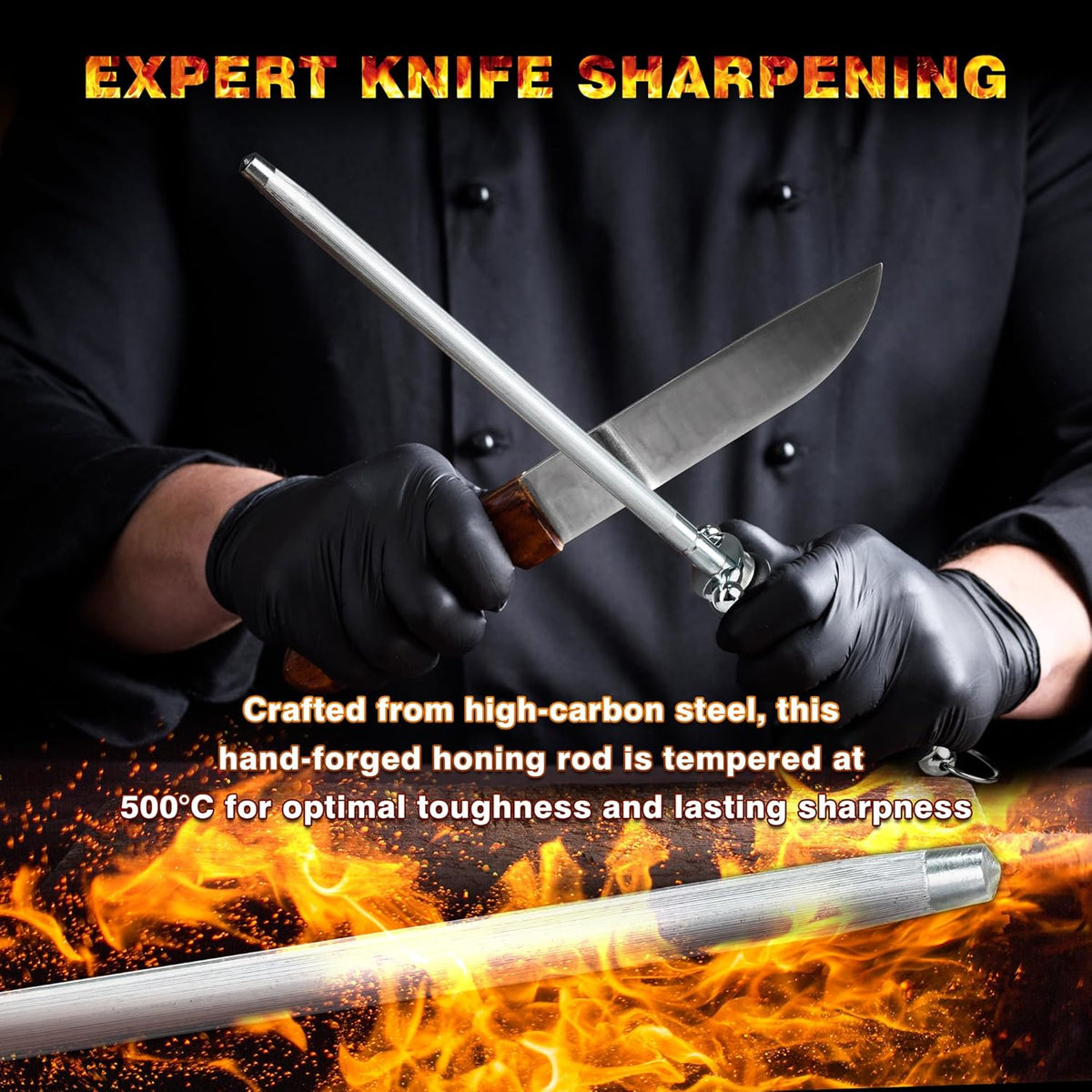 Knife Sharpener Rod, Kitchen Knives Sharpener Carbon Steel Professional Knife Sharpening Steel, Honing Rod with Hanging Holes (13 inches), N