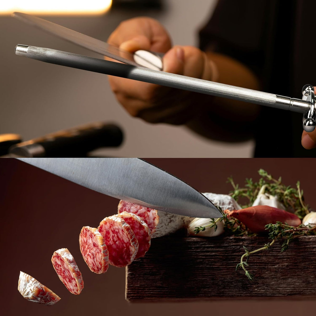 Knife Sharpener Rod, Kitchen Knives Sharpener Carbon Steel Professional Knife Sharpening Steel, Honing Rod with Hanging Holes (13 inches), N