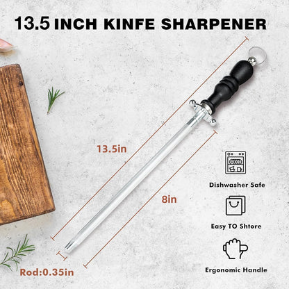 Knife Sharpener Rod, Kitchen Knives Sharpener Carbon Steel Professional Knife Sharpening Steel, Honing Rod with Hanging Holes (13 inches), N