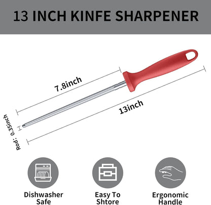 Knife Sharpener Rod, Kitchen Knives Sharpener Carbon Steel Professional Knife Sharpening Steel, Honing Rod with Hanging Holes (13 inches), N