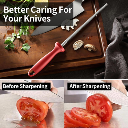 Knife Sharpener Rod, Kitchen Knives Sharpener Carbon Steel Professional Knife Sharpening Steel, Honing Rod with Hanging Holes (13 inches), N
