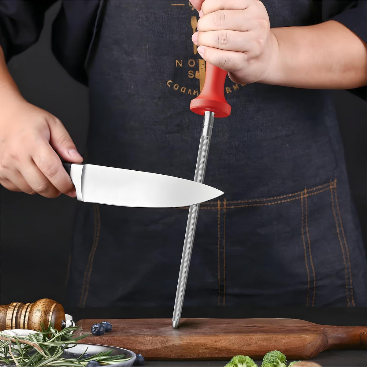Knife Sharpener Rod, Kitchen Knives Sharpener Carbon Steel Professional Knife Sharpening Steel, Honing Rod with Hanging Holes (13 inches), N