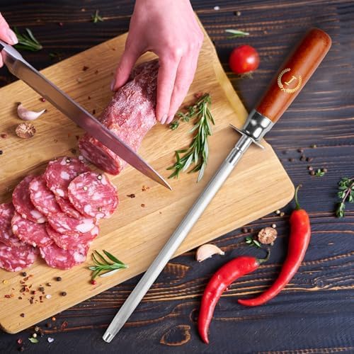 Knife Sharpener Rod, Kitchen Knives Sharpener Carbon Steel Professional Knife Sharpening Steel, Honing Rod with Hanging Holes (13 inches), N