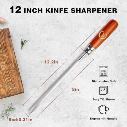 Knife Sharpener Rod, Kitchen Knives Sharpener Carbon Steel Professional Knife Sharpening Steel, Honing Rod with Hanging Holes (13 inches), N