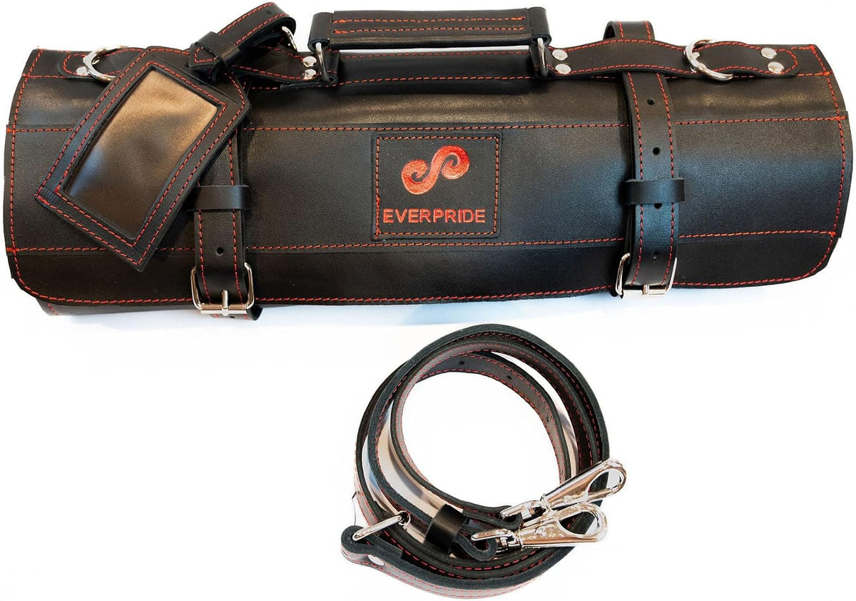 Black Leather with Gorgeous Red Trim, Professional Chef Knife Roll and Bag for Knives. Premium Leather Bag, Sturdy Construction, Luxury Collection.