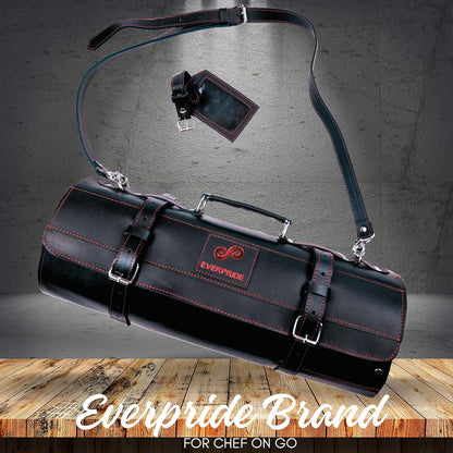 Black Leather with Gorgeous Red Trim, Professional Chef Knife Roll and Bag for Knives. Premium Leather Bag, Sturdy Construction, Luxury Collection.
