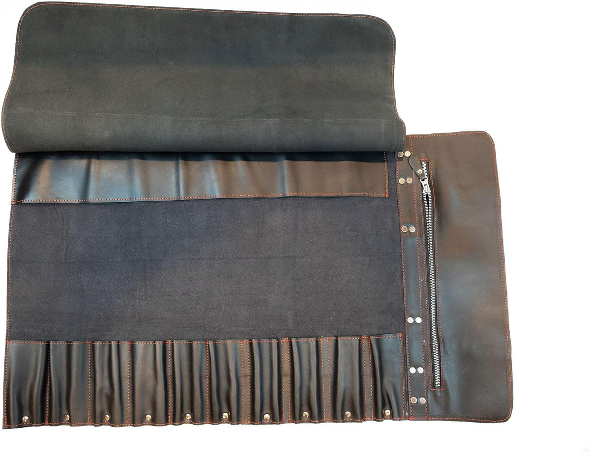 Black Leather with Gorgeous Red Trim, Professional Chef Knife Roll and Bag for Knives. Premium Leather Bag, Sturdy Construction, Luxury Collection.