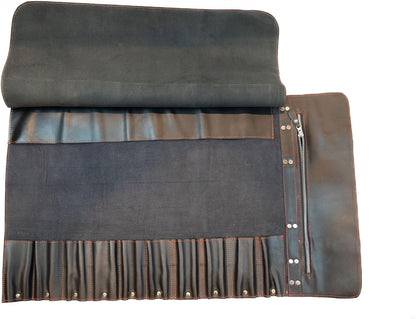 Black Leather with Gorgeous Red Trim, Professional Chef Knife Roll and Bag for Knives. Premium Leather Bag, Sturdy Construction, Luxury Collection.