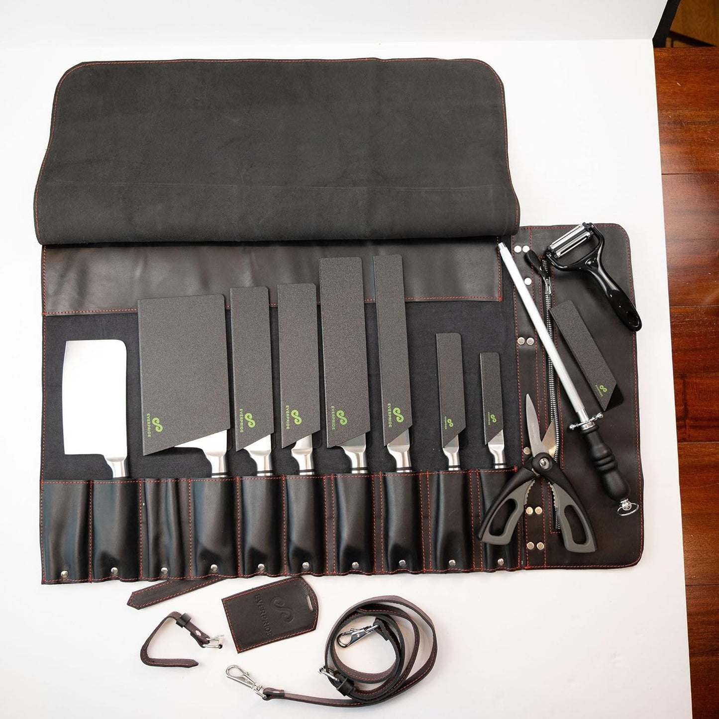 Black Leather with Gorgeous Red Trim, Professional Chef Knife Roll and Bag for Knives. Premium Leather Bag, Sturdy Construction, Luxury Collection.