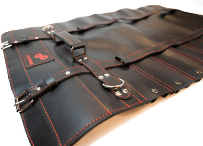 Black Leather with Gorgeous Red Trim, Professional Chef Knife Roll and Bag for Knives. Premium Leather Bag, Sturdy Construction, Luxury Collection.