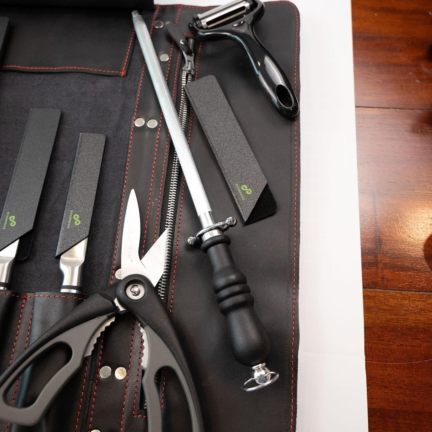 Black Leather with Gorgeous Red Trim, Professional Chef Knife Roll and Bag for Knives. Premium Leather Bag, Sturdy Construction, Luxury Collection.
