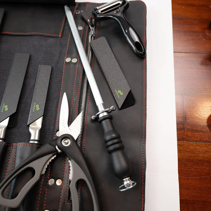 Black Leather with Gorgeous Red Trim, Professional Chef Knife Roll and Bag for Knives. Premium Leather Bag, Sturdy Construction, Luxury Collection.
