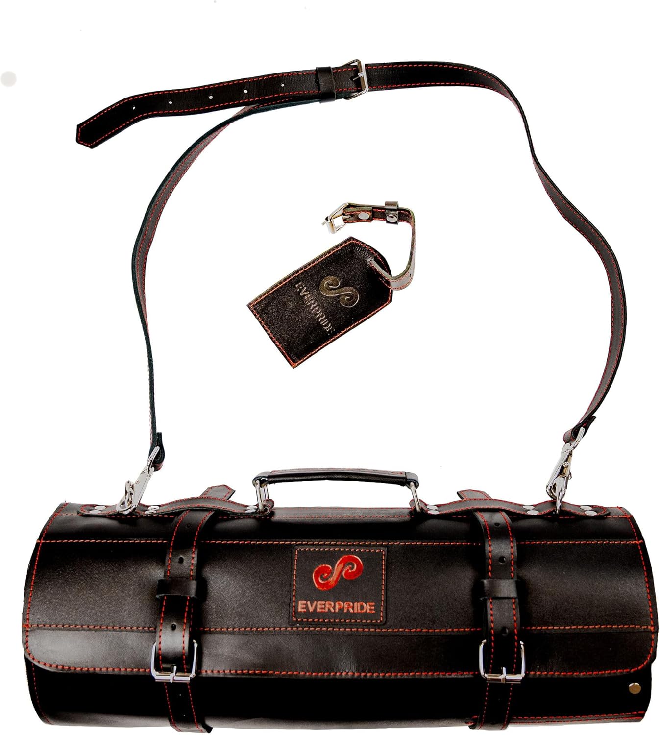 Black Leather with Gorgeous Red Trim, Professional Chef Knife Roll and Bag for Knives. Premium Leather Bag, Sturdy Construction, Luxury Collection.