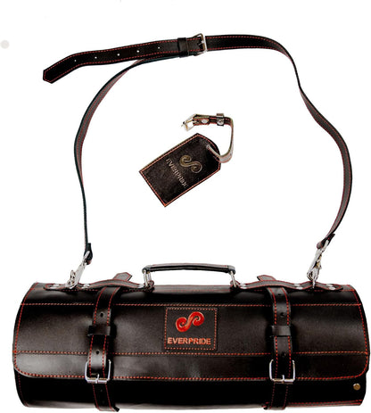 Black Leather with Gorgeous Red Trim, Professional Chef Knife Roll and Bag for Knives. Premium Leather Bag, Sturdy Construction, Luxury Collection.