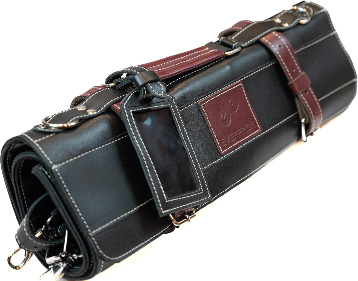 Black Leather with Gorgeous Red Trim, Professional Chef Knife Roll and Bag for Knives. Premium Leather Bag, Sturdy Construction, Luxury Collection.