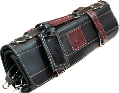 Black Leather with Gorgeous Red Trim, Professional Chef Knife Roll and Bag for Knives. Premium Leather Bag, Sturdy Construction, Luxury Collection.