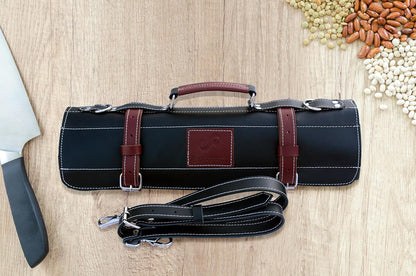Black Leather with Gorgeous Red Trim, Professional Chef Knife Roll and Bag for Knives. Premium Leather Bag, Sturdy Construction, Luxury Collection.