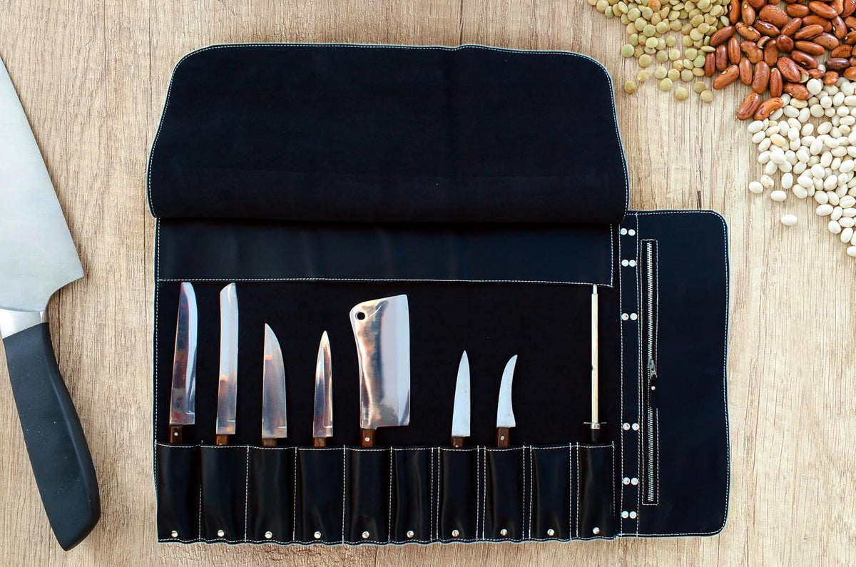 Black Leather with Gorgeous Red Trim, Professional Chef Knife Roll and Bag for Knives. Premium Leather Bag, Sturdy Construction, Luxury Collection.