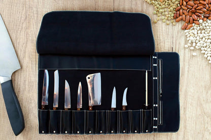Black Leather with Gorgeous Red Trim, Professional Chef Knife Roll and Bag for Knives. Premium Leather Bag, Sturdy Construction, Luxury Collection.