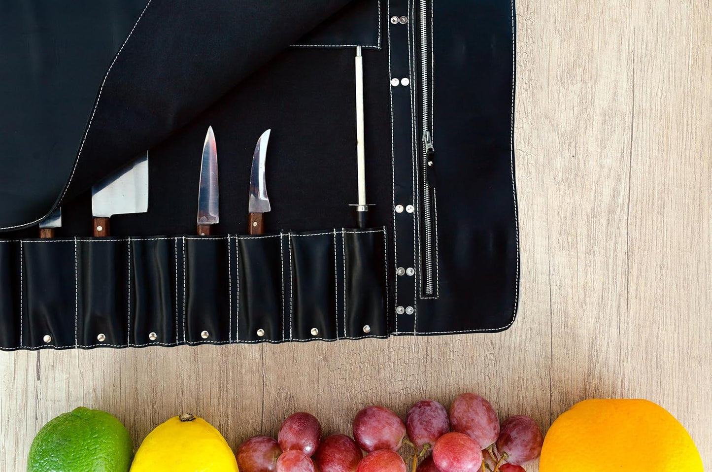 Black Leather with Gorgeous Red Trim, Professional Chef Knife Roll and Bag for Knives. Premium Leather Bag, Sturdy Construction, Luxury Collection.