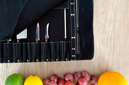 Black Leather with Gorgeous Red Trim, Professional Chef Knife Roll and Bag for Knives. Premium Leather Bag, Sturdy Construction, Luxury Collection.