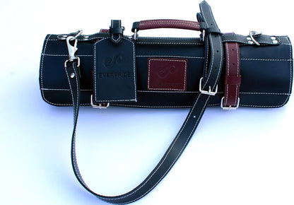 Black Leather with Gorgeous Red Trim, Professional Chef Knife Roll and Bag for Knives. Premium Leather Bag, Sturdy Construction, Luxury Collection.