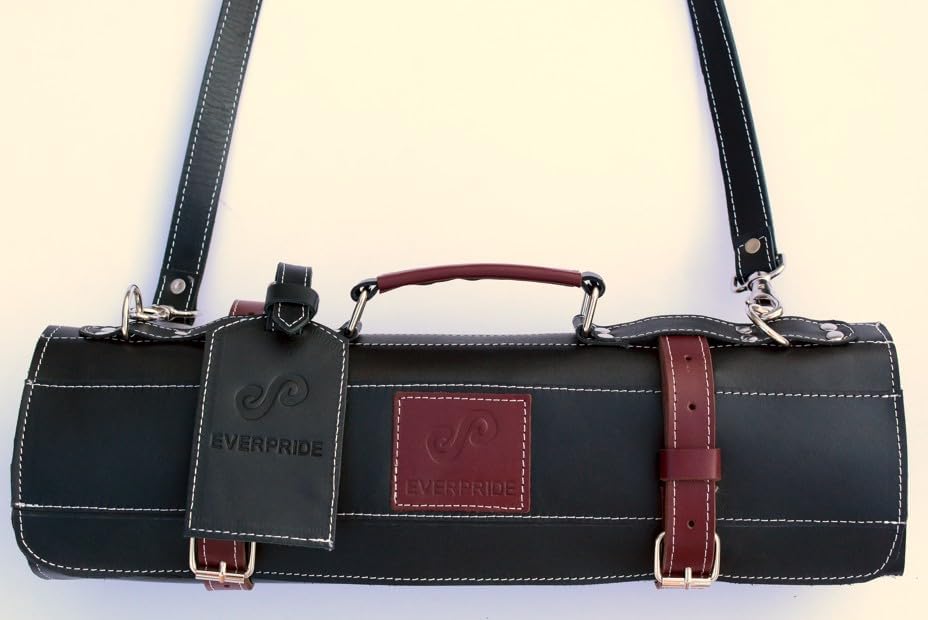 Black Leather with Gorgeous Red Trim, Professional Chef Knife Roll and Bag for Knives. Premium Leather Bag, Sturdy Construction, Luxury Collection.