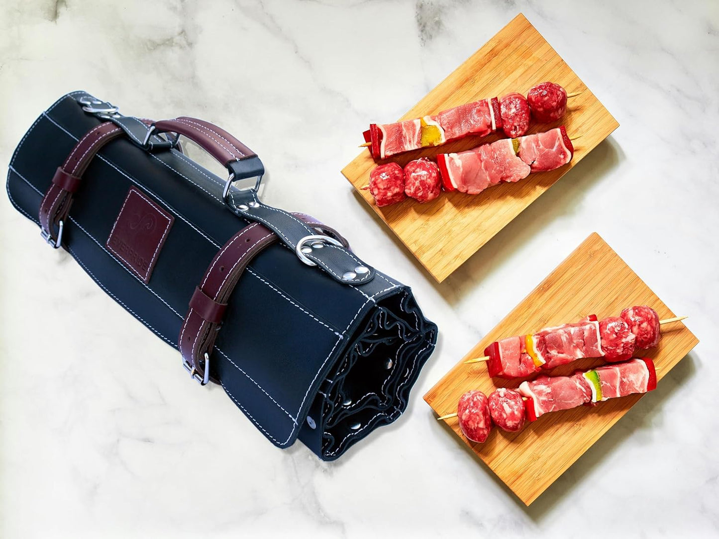 Black Leather with Gorgeous Red Trim, Professional Chef Knife Roll and Bag for Knives. Premium Leather Bag, Sturdy Construction, Luxury Collection.