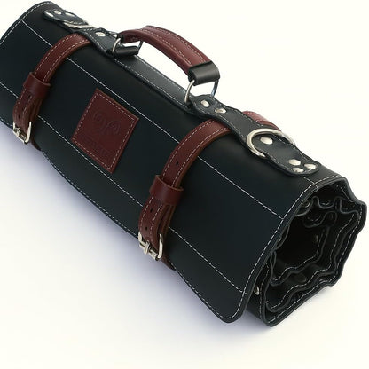 Black Leather with Gorgeous Red Trim, Professional Chef Knife Roll and Bag for Knives. Premium Leather Bag, Sturdy Construction, Luxury Collection.