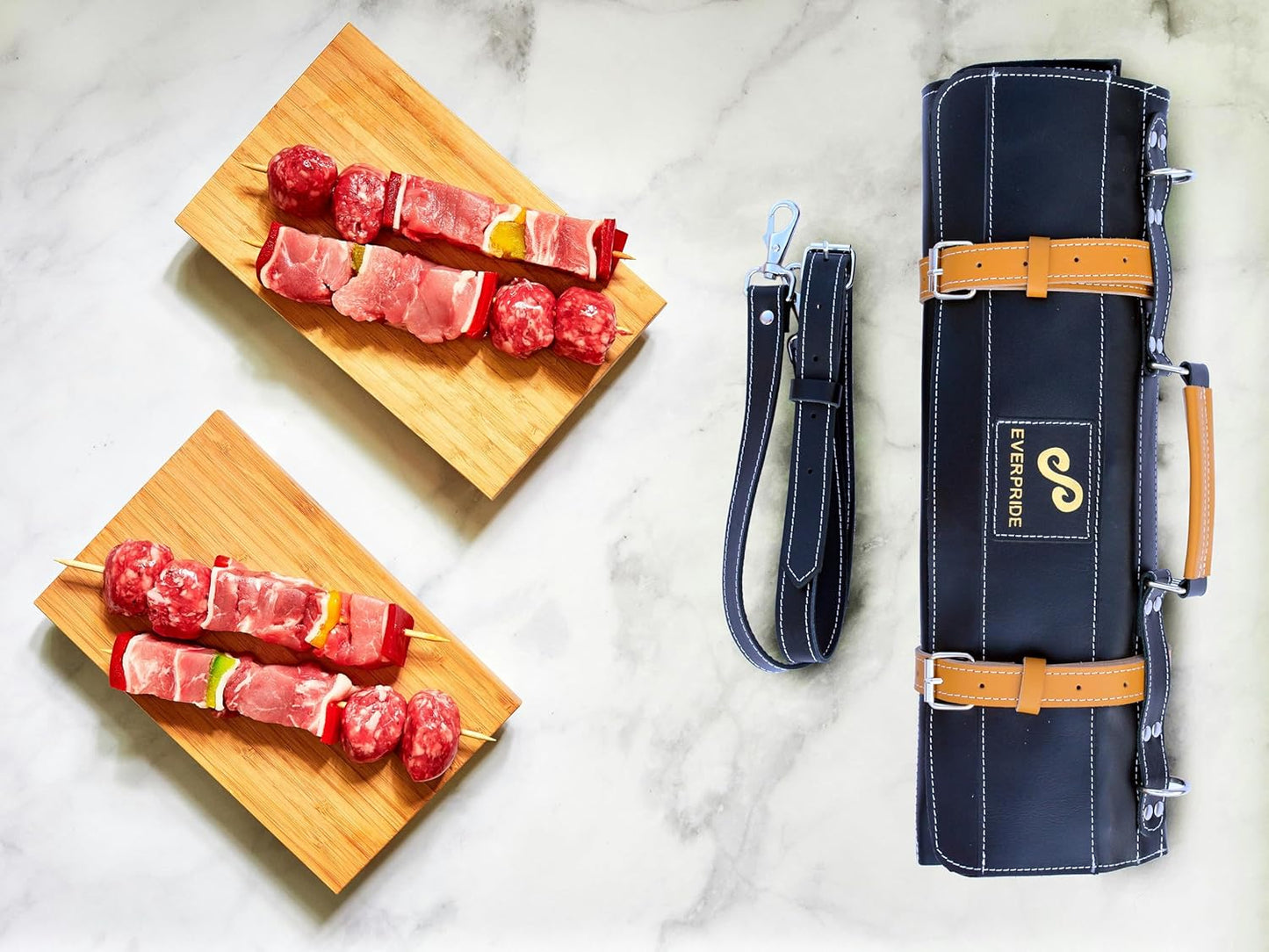 Black Leather with Gorgeous Red Trim, Professional Chef Knife Roll and Bag for Knives. Premium Leather Bag, Sturdy Construction, Luxury Collection.