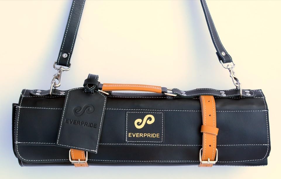 Black Leather with Gorgeous Red Trim, Professional Chef Knife Roll and Bag for Knives. Premium Leather Bag, Sturdy Construction, Luxury Collection.