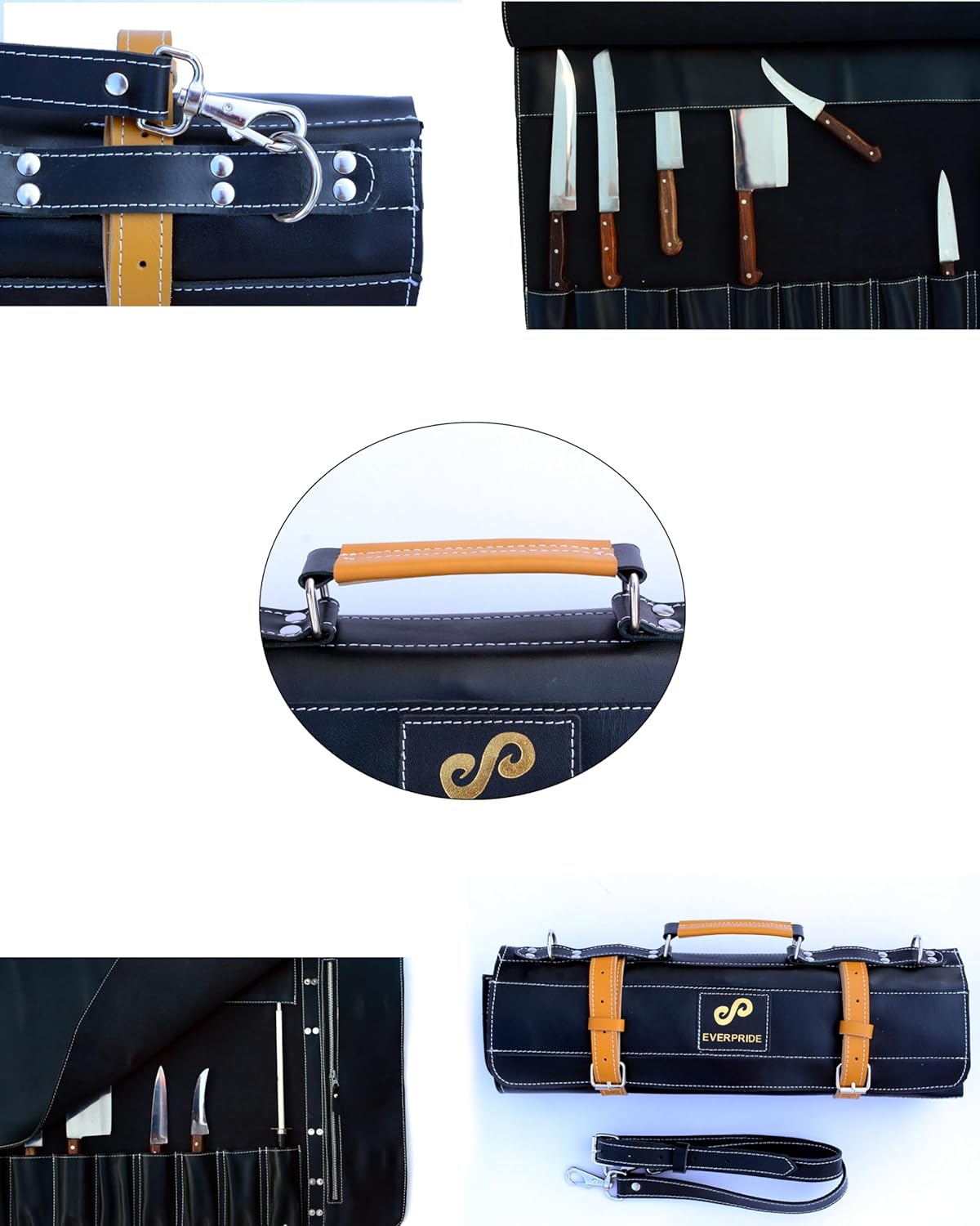 Black Leather with Gorgeous Red Trim, Professional Chef Knife Roll and Bag for Knives. Premium Leather Bag, Sturdy Construction, Luxury Collection.