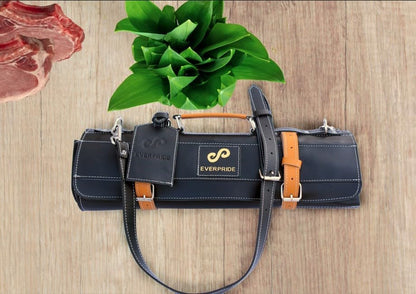 Black Leather with Gorgeous Red Trim, Professional Chef Knife Roll and Bag for Knives. Premium Leather Bag, Sturdy Construction, Luxury Collection.