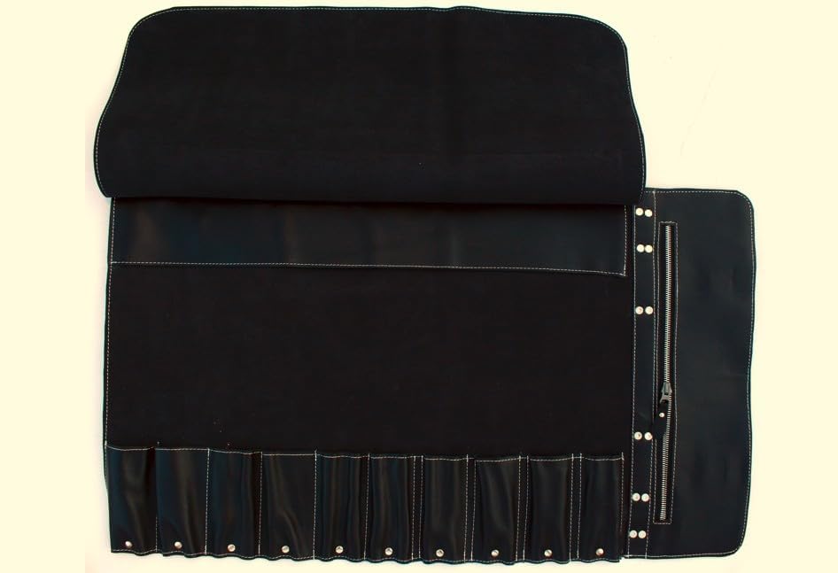 Black Leather with Gorgeous Red Trim, Professional Chef Knife Roll and Bag for Knives. Premium Leather Bag, Sturdy Construction, Luxury Collection.