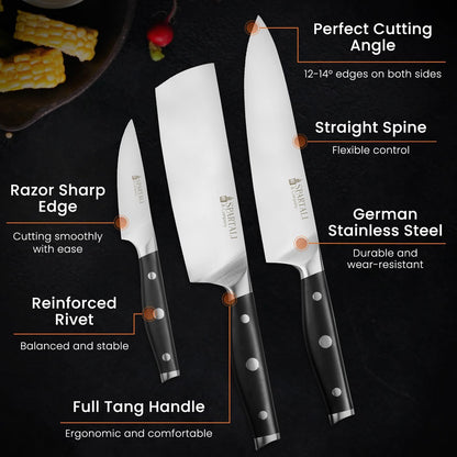 3-Piece Kitchen Knife Set – Includes 8” Chef Knife, 7” Nakiri, 3.5” Paring – High Carbon German Stainless Steel Blades, Ergonomic Handle – Versatile Knife Trio for Chopping, Dicing, and Slicing