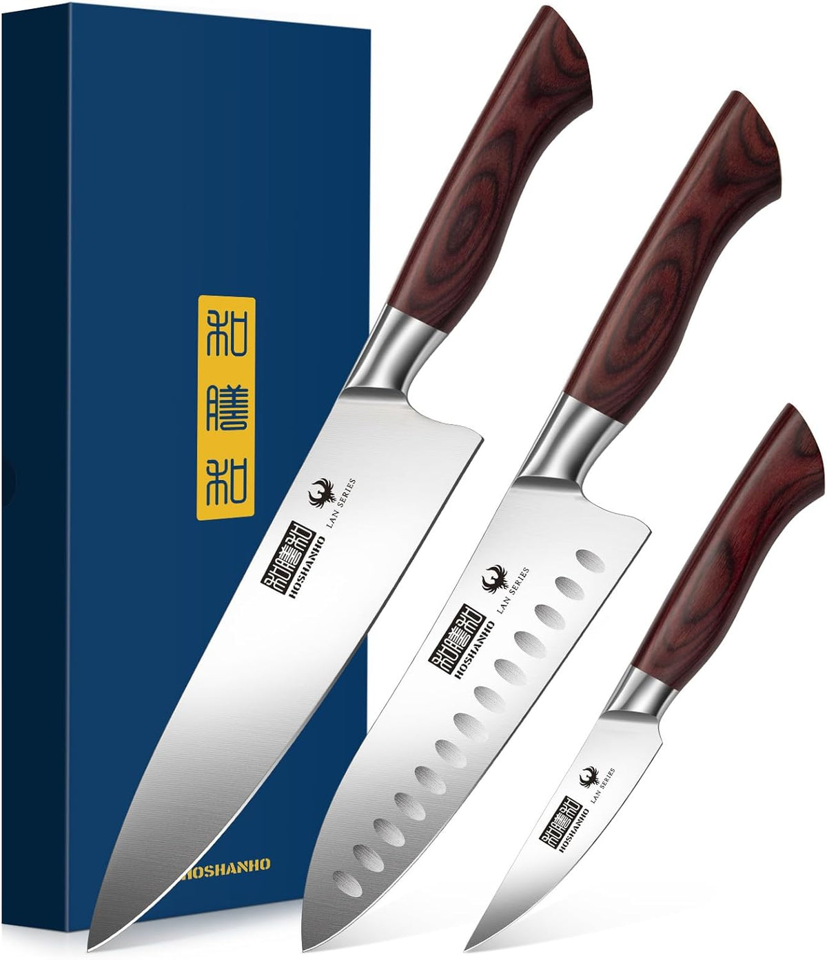 3PCS Kitchen Knife Set, Ultra Sharp Chef/Santoku/Paring Knives | Professional Japanese High Carbon Steel Cooking Knife Set with Ergonomic Wood Handle, Ideal Gift for Family and Restaurant