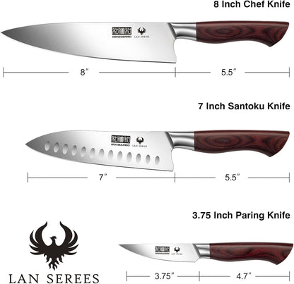 3PCS Kitchen Knife Set, Ultra Sharp Chef/Santoku/Paring Knives | Professional Japanese High Carbon Steel Cooking Knife Set with Ergonomic Wood Handle, Ideal Gift for Family and Restaurant