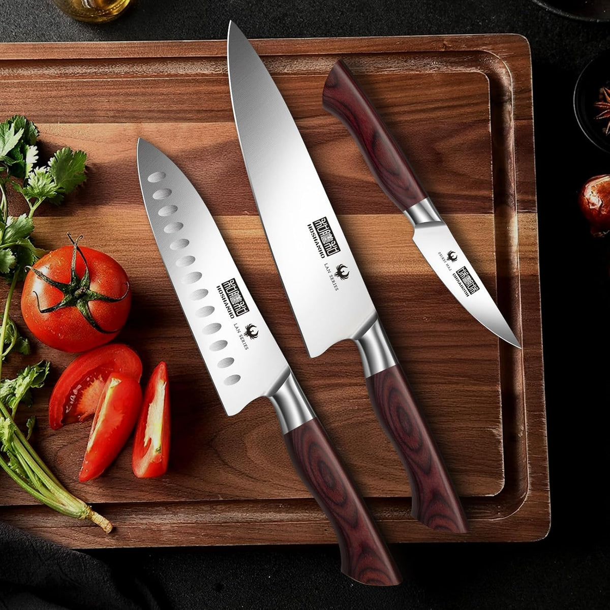 3PCS Kitchen Knife Set, Ultra Sharp Chef/Santoku/Paring Knives | Professional Japanese High Carbon Steel Cooking Knife Set with Ergonomic Wood Handle, Ideal Gift for Family and Restaurant