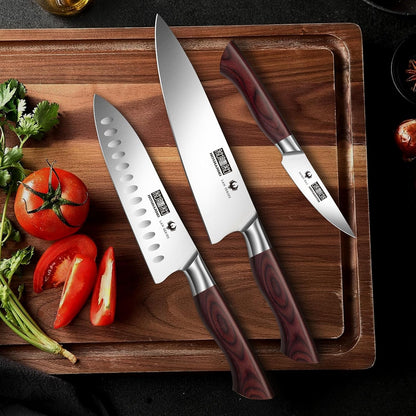 3PCS Kitchen Knife Set, Ultra Sharp Chef/Santoku/Paring Knives | Professional Japanese High Carbon Steel Cooking Knife Set with Ergonomic Wood Handle, Ideal Gift for Family and Restaurant