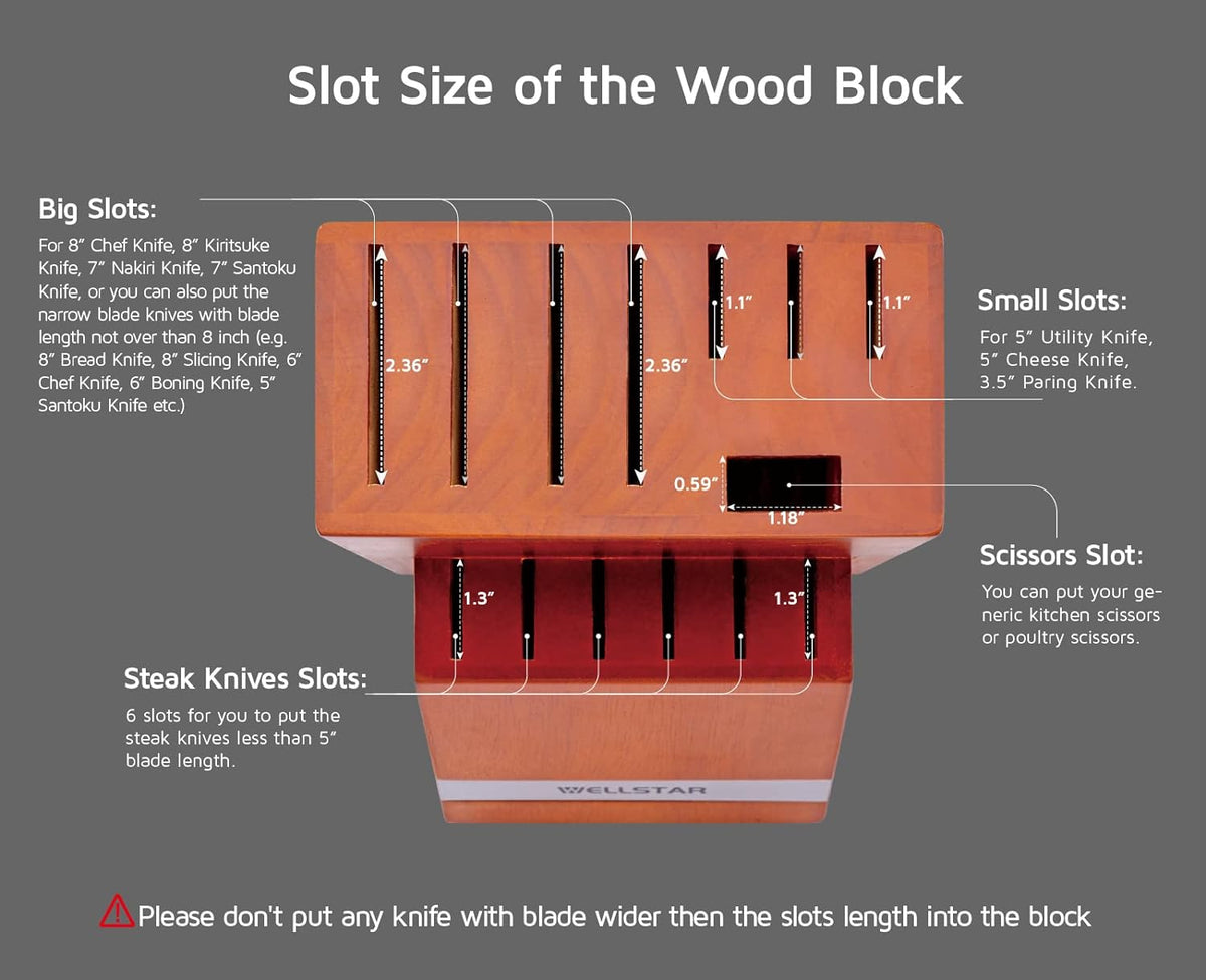 14 Slot Kitchen Knives Block, Natural Wood Knife Holder without Knives – Hard Wood Countertop Knife Storage – Brown