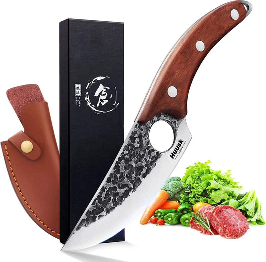 Huusk Viking Knife Cleaver- Hand Forged Full Tang Boning Knives | with Sheath Japanese Butcher Meat Knives Caveman Chef Knife for Home or Camping, Gifts for Men and Women