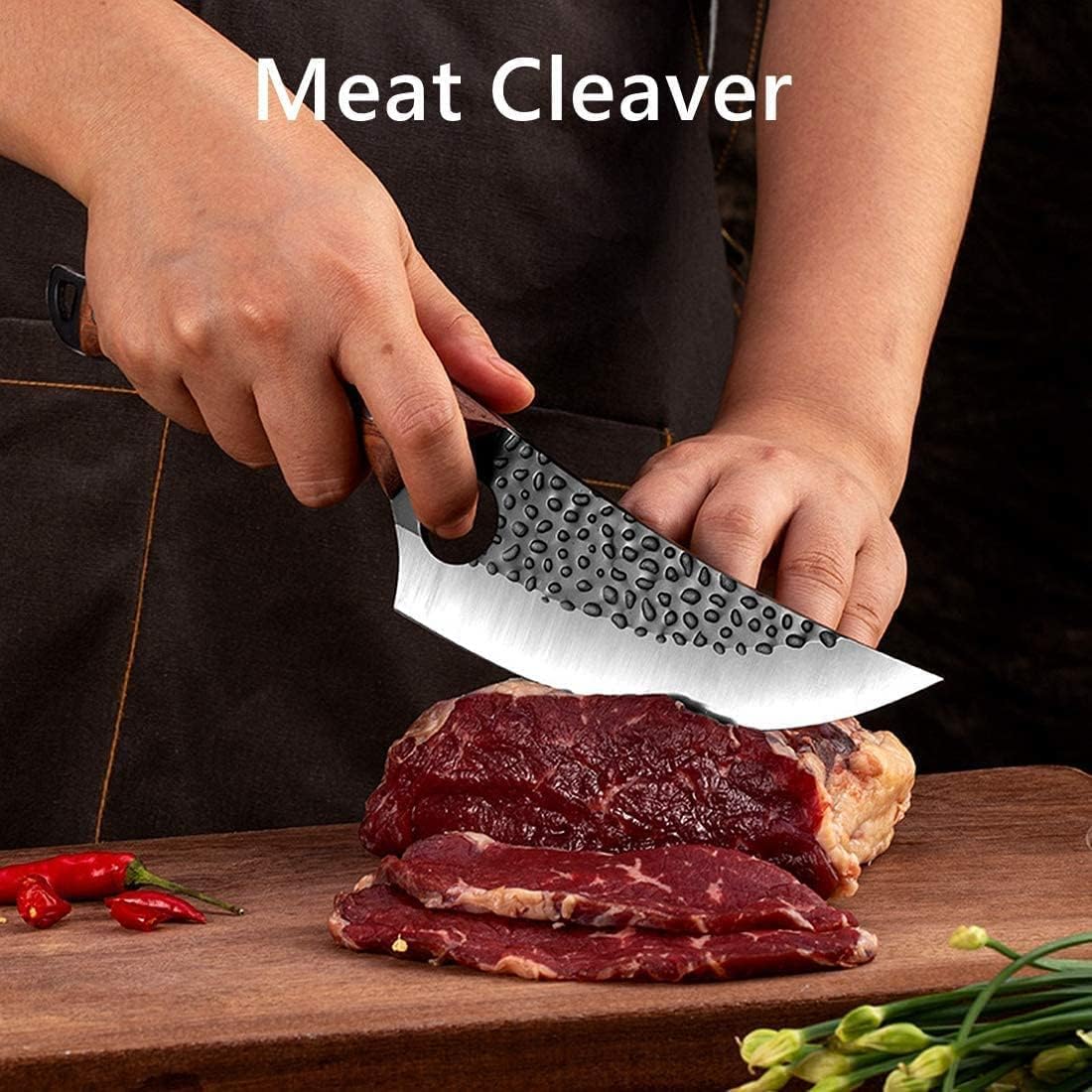 Huusk Viking Knife Cleaver- Hand Forged Full Tang Boning Knives | with Sheath Japanese Butcher Meat Knives Caveman Chef Knife for Home or Camping, Gifts for Men and Women